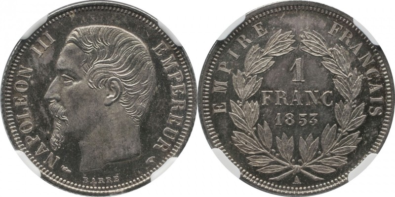 Proof essai 1 franc 1853, Paris, reeded edge.
Bust of Napoleon III left. Rv. De...