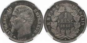 Proof essai 1 franc 1853, Paris, reeded edge.
Bust of Napoleon III left. Rv. Denomination within wreath. Not listed in Mazard. Similar revers of the ...