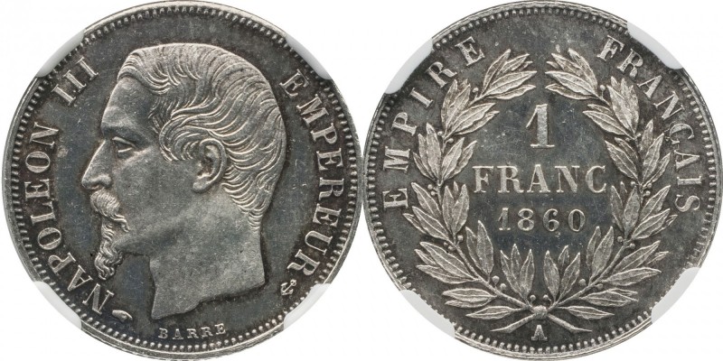 1 franc 1860, Paris.
Bust of Napoleon III left. Rv. Denomination within wreath....