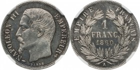 1 franc 1860, Paris.
Bust of Napoleon III left. Rv. Denomination within wreath. With privy mark Hand / Anchor. 5 grs.

1 franc 1860, Paris, tranche...