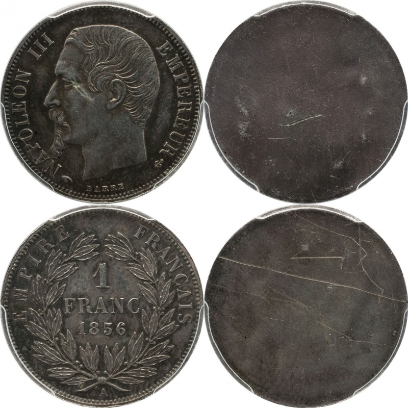 Silvered-bronze uniface essai obverse and reverse pair 1 franc 1856, Paris, plai...