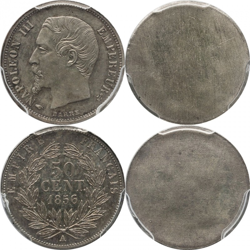 Silvered-bronze uniface essai obverse and reverse pair 50 centimes 1856, Paris, ...