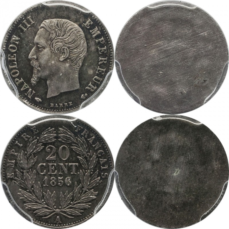 Silvered-bronze uniface essai obverse and reverse pair 20 centimes 1856, Paris, ...