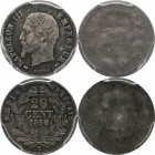 Silvered-bronze uniface essai obverse and reverse pair 20 centimes 1856, Paris, plain edge.
Bust of Napoleon III left. Rv. Denomination within wreath...