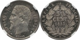Proof 50 centimes 1853, Paris, reeded edge.
Bust of Napoleon III left. Rv. Denomination within wreath. Not listed in Mazard. 2,5 grs.

50 centimes ...