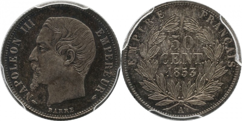 Proof 50 centimes 1853, Paris, reeded edge.
Bust of Napoleon III left. Rv. Deno...