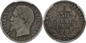 50 centimes 1853, Paris.
Bust of Napoleon III left. Rv. Denomination within wreath. 2,5 grs.

50 centimes 1853, Paris.
Av. Tête nue à gauche. Rv. ...