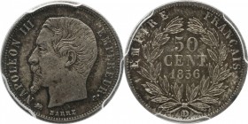 50 centimes 1856, Lyon.
Bust of Napoleon III left. Rv. Denomination within wreath. 2,5 grs.

50 centimes 1856, Lyon.
Av. Tête nue à gauche. Rv. Va...