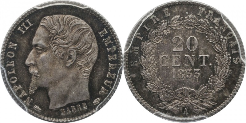 Pattern 20 centimes 1853, Paris. Reeded edge, large head and oak instead of laur...