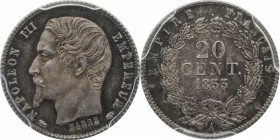 Pattern 20 centimes 1853, Paris. Reeded edge, large head and oak instead of laurel wreath.
Bust of Napoleon III left. Rv. Denomination within wreath....