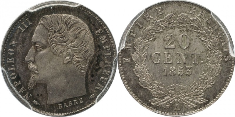 Pattern 20 centimes 1853, Paris. Plain edge, large head and oak instead of laure...