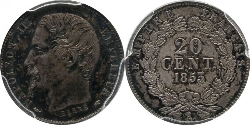 Pattern 20 centimes 1853, Paris, plain edge, large head and oak instead of laure...