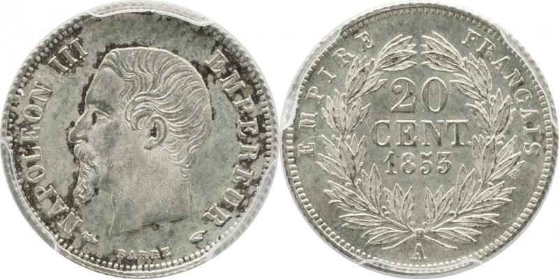 Proof 20 centimes 1853, Paris, reeded edge.
Bust of Napoleon III left. Rv. Deno...