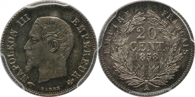 20 centimes 1858, Paris.
Bust of Napoleon III left. Rv. Denomination within wre...