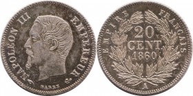 20 centimes 1860, Paris
Bust of Napoleon III left. Rv. Denomination within wreath. 1 gr.

20 centimes 1860, Paris
Av. Tête nue à gauche. Rv. Valeu...