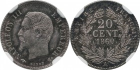 20 centimes 1860, Paris
Bust of Napoleon III left. Rv. Denomination within wreath. 1 gr.

20 centimes 1860, Paris
Av. Tête nue à gauche. Rv. Valeu...