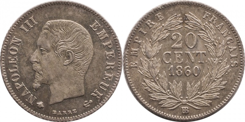 20 centimes 1860/50, Strasbourg.
Bust of Napoleon III left. Rv. Denomination wi...