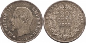 20 centimes 1860/50, Strasbourg.
Bust of Napoleon III left. Rv. Denomination within wreath. 1 gr.

20 centimes 1860/50, Strasbourg.
Av. Tête nue à...