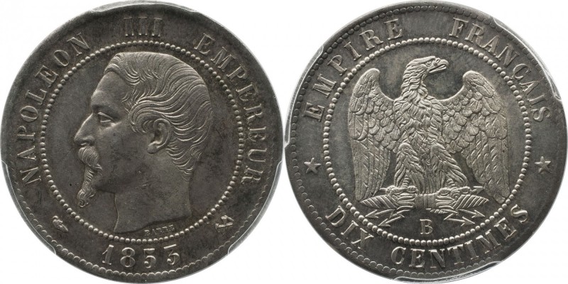 Silver pattern 10 centimes 1853, Rouen, plain edge.
Bust of Napoleon III left. ...