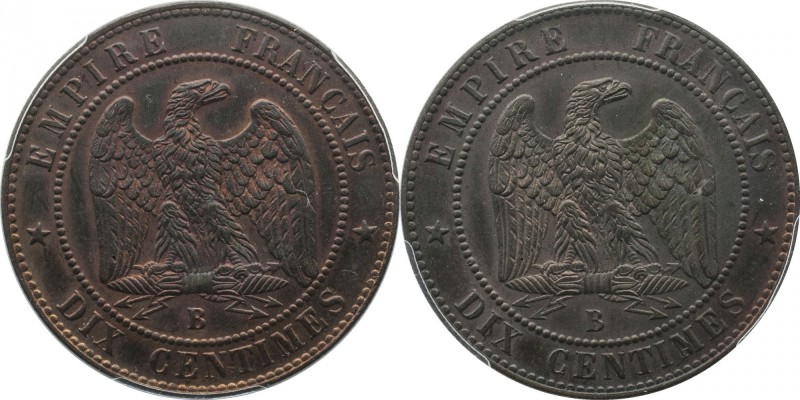 Essai double reverse 10 centimes 1855, Rouen, plain edge.
Rv. Imperial eagle. M...
