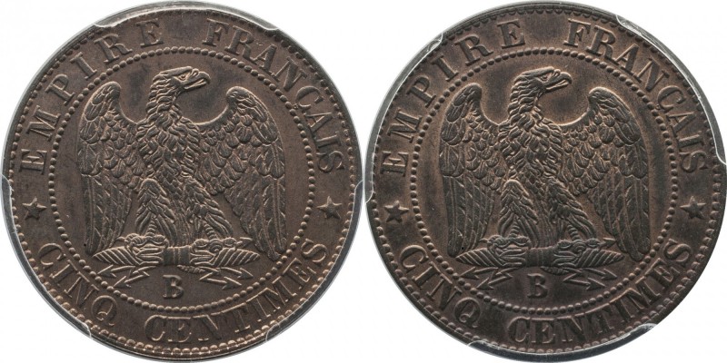 Essai double reverse 5 centimes 1855, Rouen, plain edge.
Rv. Imperial eagle. Ma...