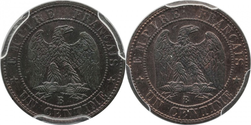 Essai double reverse 1 centime 1855, Rouen, plain edge.
Rv. Imperial eagle. Maz...