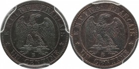 Essai double reverse 1 centime 1855, Rouen, plain edge.
Rv. Imperial eagle. Maz. 1730. 1 gr.

Épreuve de 1 centime double revers 1855, Rouen, tranc...