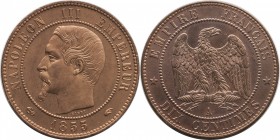 10 centimes 1855, Paris.
Bust of Napoleon III left. Rv. Imperial eagle. With privy mark anchor. 10 grs.

10 centimes 1855, Paris.
Av. Tête nue à g...