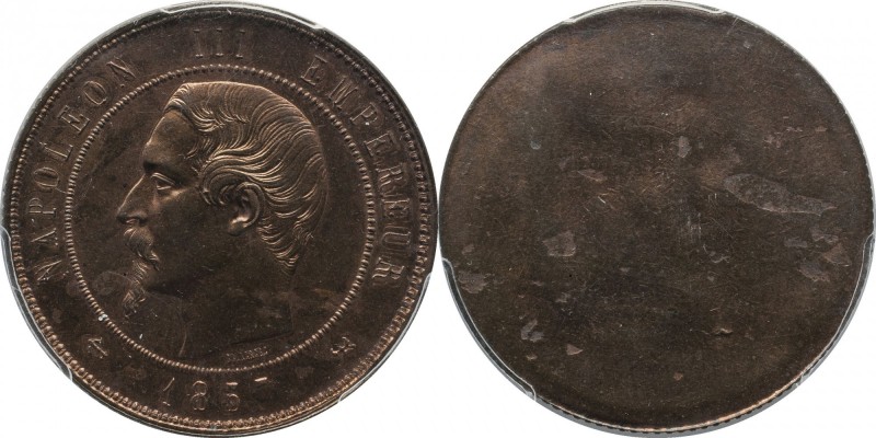 Uniface obverse essai 10 centimes 1857, Rouen, reeded edge.
Bust of Napoleon II...