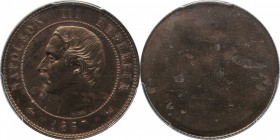 Uniface obverse essai 10 centimes 1857, Rouen, reeded edge.
Bust of Napoleon III left. Not listed in Mazard.

Épreuve uniface d'avers de 10 centime...