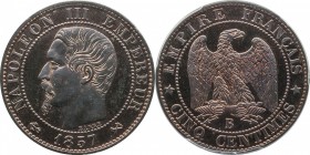 Piefort 5 centimes 1857, Rouen, plain edge.
Bust of Napoleon III left. Rv. Imperial eagle. Maz. 1711a.

Piéfort de 5 centimes 1857, Rouen, tranche ...