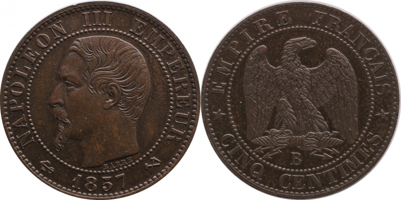 Piefort 5 centimes 1857, Rouen, plain edge.
Bust of Napoleon III left. Rv. Impe...