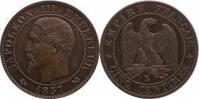 Piefort 5 centimes 1857, Rouen, plain edge.
Bust of Napoleon III left. Rv. Imperial eagle. Maz. 1711a.

Piéfort de 5 centimes 1857, Rouen, tranche ...