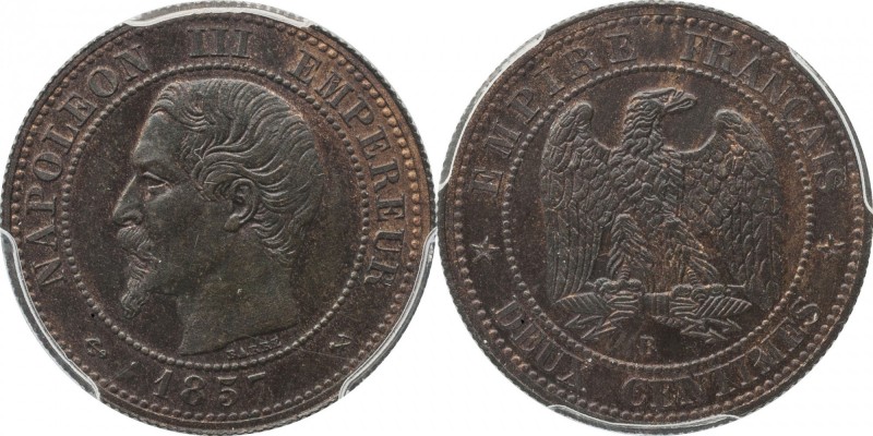 Piefort 2 centimes 1857, Rouen, reeded edge.
Bust of Napoleon III left. Rv. Imp...