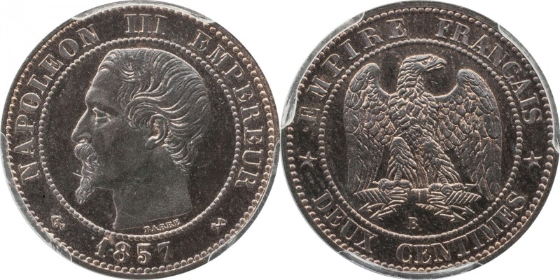 Piefort 2 centimes 1857, Rouen, plain edge.
Bust of Napoleon III left. Rv. Impe...