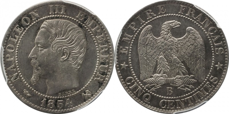 Silver pattern 5 centimes 1854, Rouen, plain edge.
Bust of Napoleon III left. R...