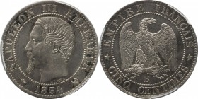 Silver pattern 5 centimes 1854, Rouen, plain edge.
Bust of Napoleon III left. Rv. Imperial eagle. Maz. 1707a. 6 grs.

Épreuve de 5 centimes en arge...