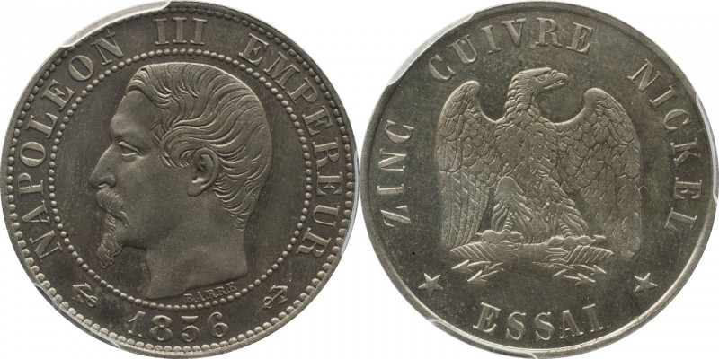 Maillechort Essai 5 centimes 1856, plain edge.
Bust of Napoleon III left. Rv. I...