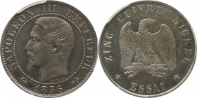Maillechort Essai 5 centimes 1856, plain edge.
Bust of Napoleon III left. Rv. Imperial eagle, «zinc, cuivre, nickel». Maz. 1740.

5 centimes 1856 e...