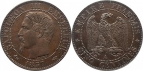 Proof 5 centimes 1857, plain edge.
Bust of Napoleon III left. Rv. Imperial eagle. Not listed in Mazard. 5 grs.

5 centimes 1857, Paris, frappe sur ...