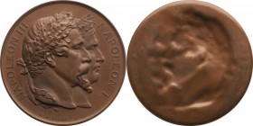 Uniface bronze medal struck in 1853, in tribute to Napoléon I.
Laureate head of Napoleon III and Napoleon I right. 64,82 grs. 75 mm.

Médaille unif...
