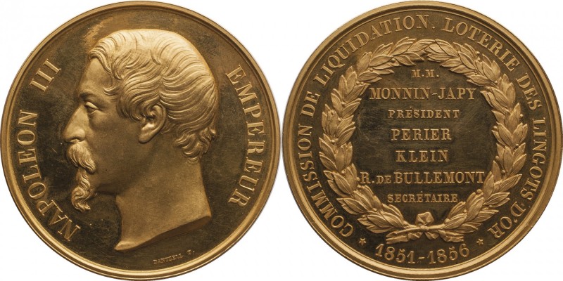 Gold medal struck in 1856 by the Gold ingot lottery.
Bust of Napoleon III left....