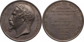 Silver medal struck in 1859 for the creation of a trade port in Porstrein, Brest.
Bust of Napoleon III left. Rv. Brest court and chamber of commerce....
