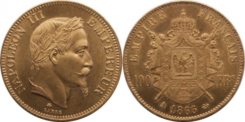 Gold 100 francs 1866, Paris.
Laureate head of Napoleon III right. Rv. imperial ...