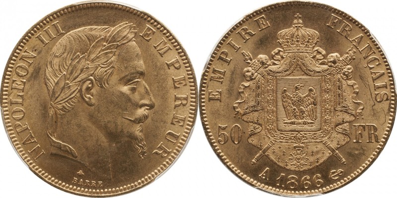 Gold 50 francs 1866, Paris.
Laureate head of Napoleon III right. Rv. imperial c...