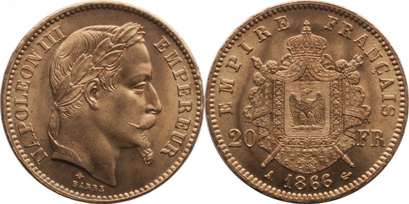 Gold 20 francs or 1866, Paris.
Laureate head of Napoleon III right. Rv. imperia...