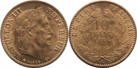 Gold 10 francs 1866, Paris.
Laureate head of Napoleon III right. Rv. Value within wreath. 3,22 grs. Provisional auction of each of the coins (87 to 1...