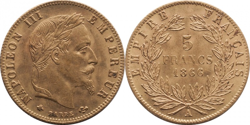 Gold 5 francs 1866, Paris.
Laureate head of Napoleon III right. Rv. Value withi...