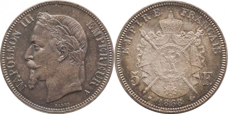 5 francs 1868, Paris.
Laureate head of Napoleon III left. Rv. imperial coat-of-...