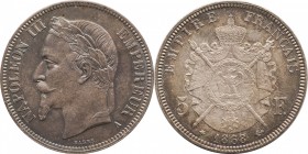 5 francs 1868, Paris.
Laureate head of Napoleon III left. Rv. imperial coat-of-arms. 25 grs. Provisional auction of each of the coins (87 to 100). Au...